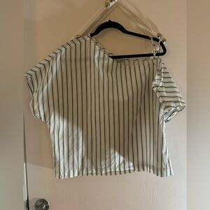 Striped White and Black cold shoulder Women's summer time shirt.